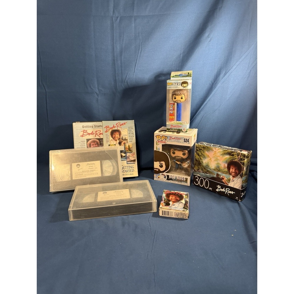 Bob Ross Collector Lot Funko Pez Dispenser Puzzle Playing Cards New DVD VHS Lot